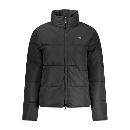 Black nylon puffer jacket with a high collar and front zipper closure