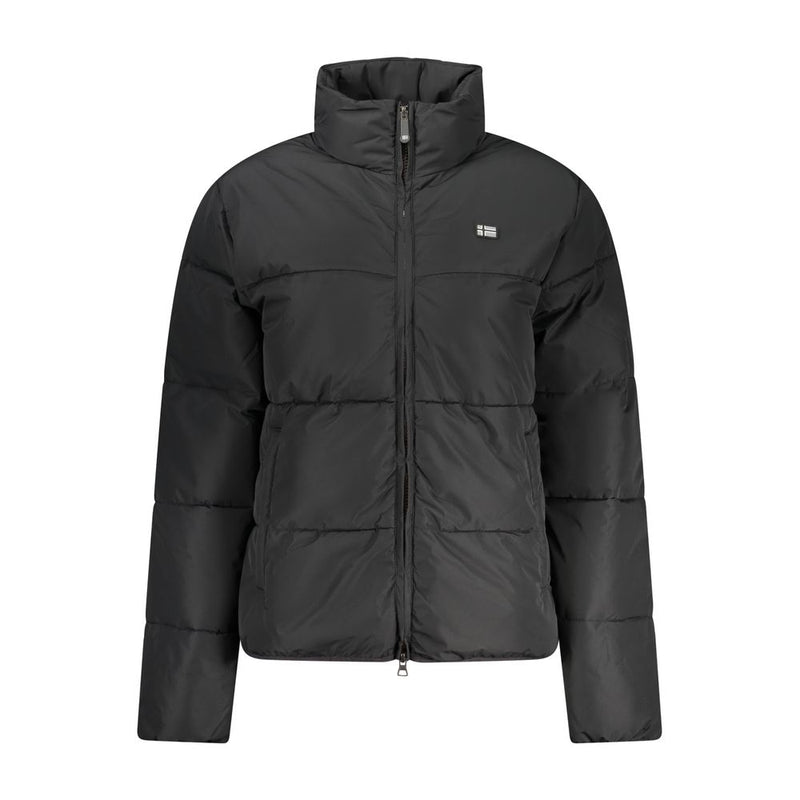 Black nylon puffer jacket with a high collar and front zipper closure