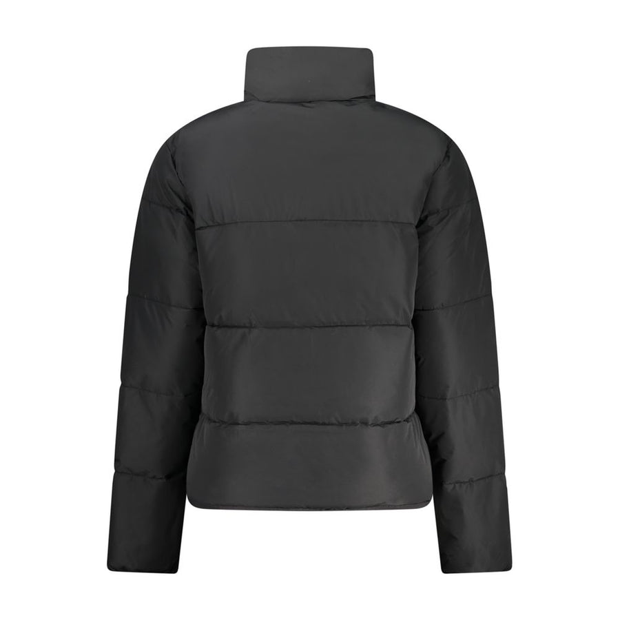 Black nylon puffer jacket with a high collar and front zipper closure