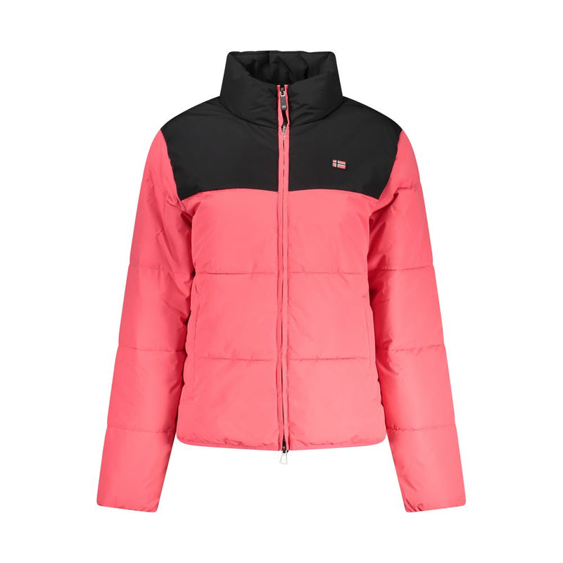 Pink and black nylon women's puffer jacket with a high collar and full zip