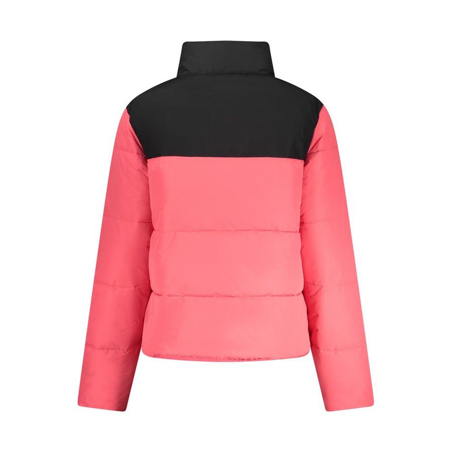 Pink and black nylon women's puffer jacket with a high collar and full zip