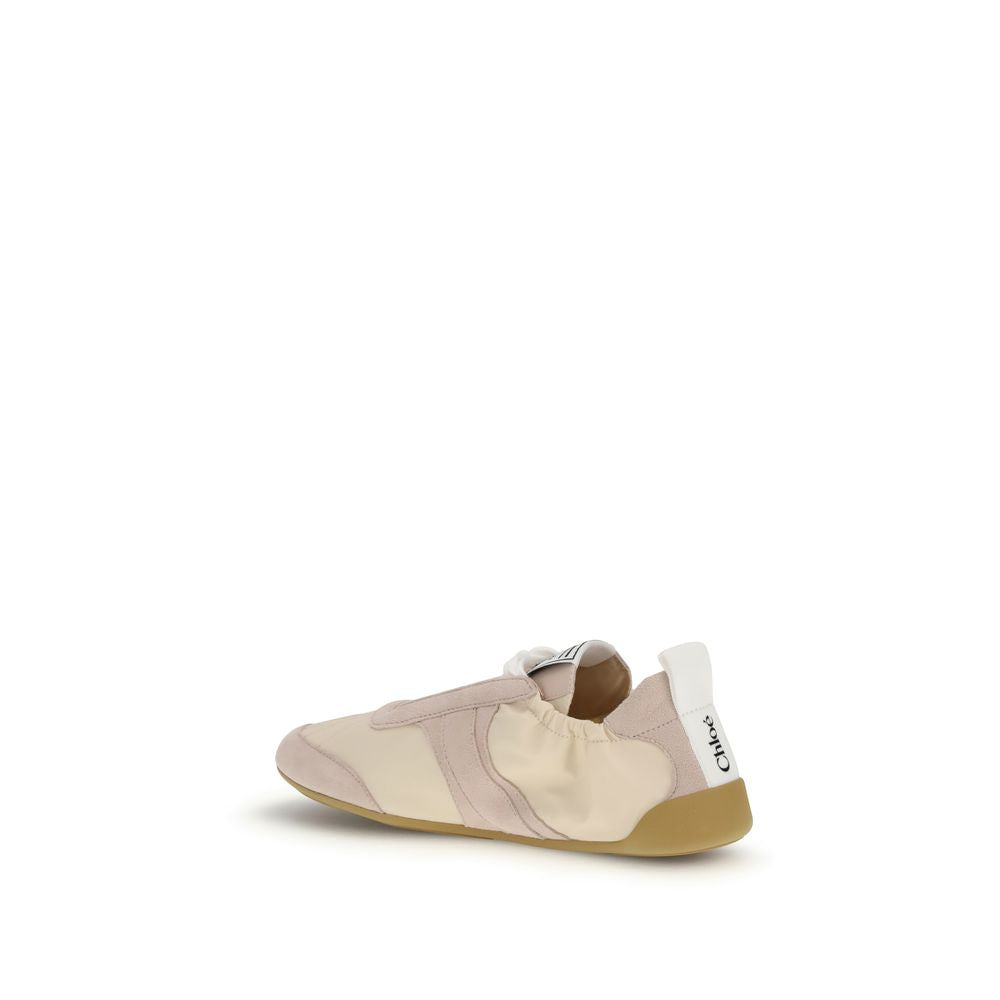 Chloé beige nylon and suede slip-on athletic sneakers with a rounded toe and tan rubber sole.