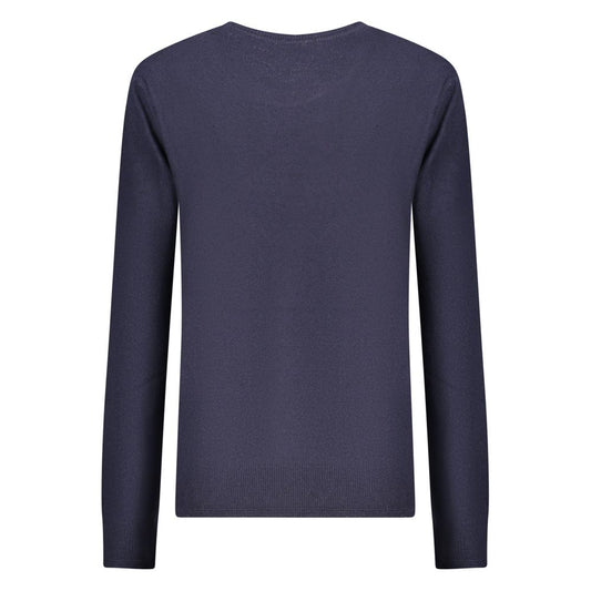 Dark blue polyamide women's knit sweater with long sleeves viewed from the back
