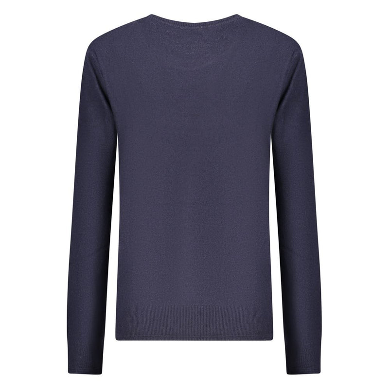 Dark blue polyamide women's knit sweater with long sleeves viewed from the back