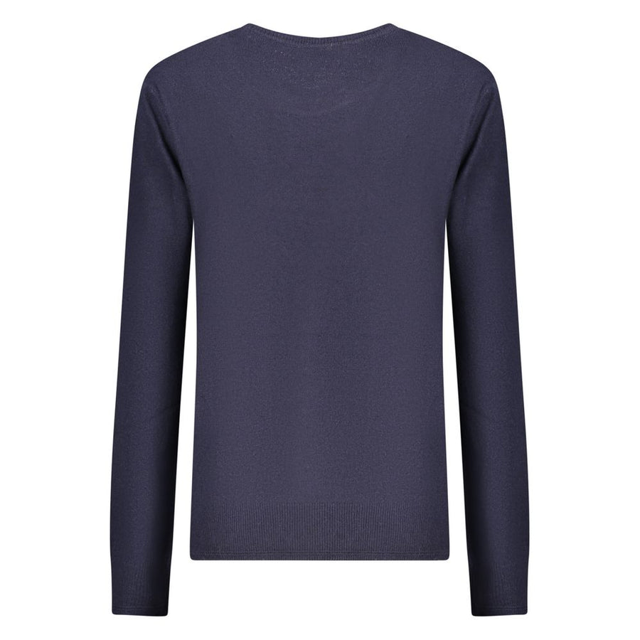 Dark blue polyamide crewneck sweater for women with long sleeves and light blue inner collar trim