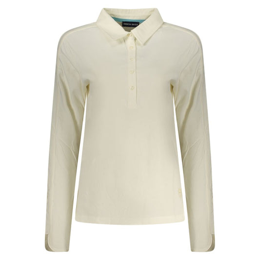 White long-sleeve cotton polo shirt for women featuring a buttoned collar