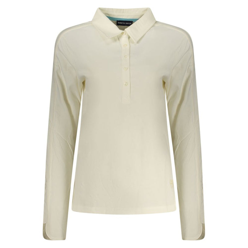 White long-sleeve cotton polo shirt for women featuring a buttoned collar