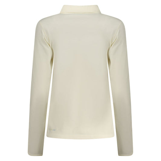 Back view of a white cotton long-sleeve women's polo shirt