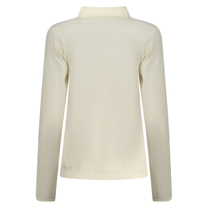 Back view of a white cotton long-sleeve women's polo shirt