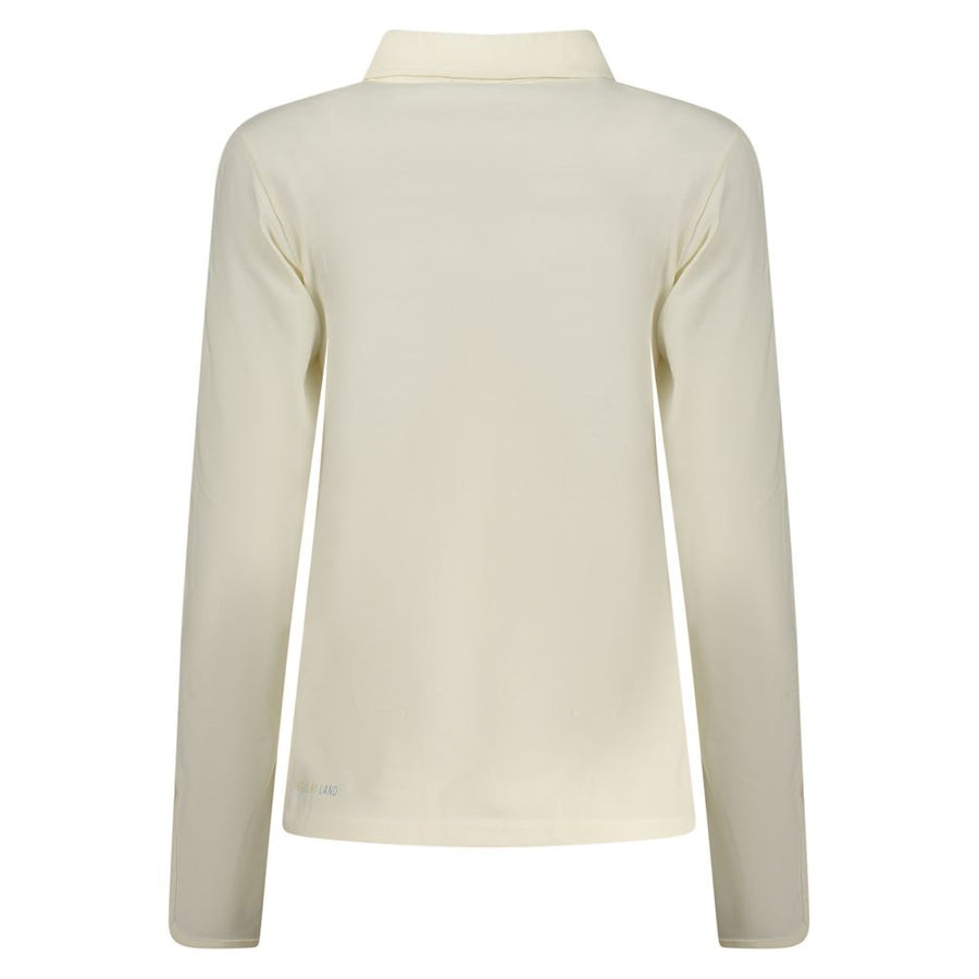 White long-sleeve cotton polo shirt for women featuring a buttoned collar