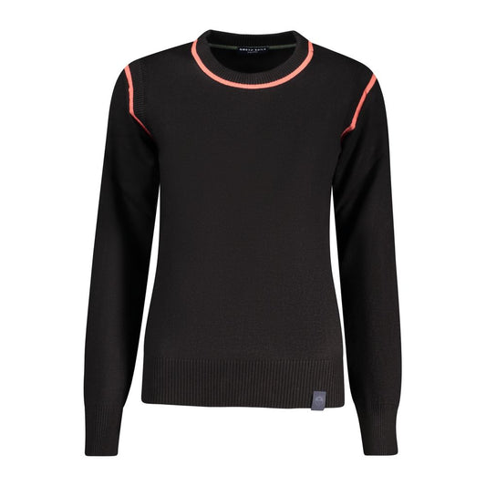 Black knit viscose women's sweater with long sleeves, crew neck, and coral pink trim details