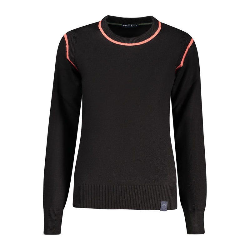 Black knit viscose women's sweater with long sleeves, crew neck, and coral pink trim details