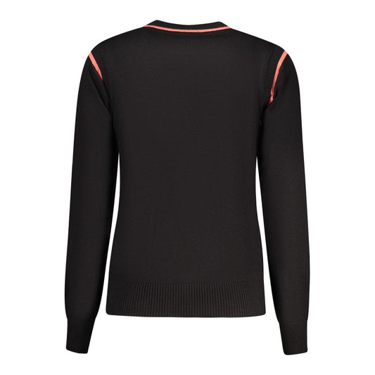 Black viscose women sweater with long sleeves and pink trim on the collar and shoulders