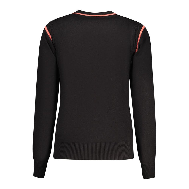 Black viscose women sweater with long sleeves and pink trim on the collar and shoulders