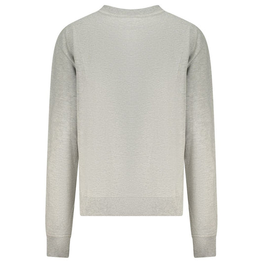 Back view of a plain grey cotton women's sweatshirt with long sleeves