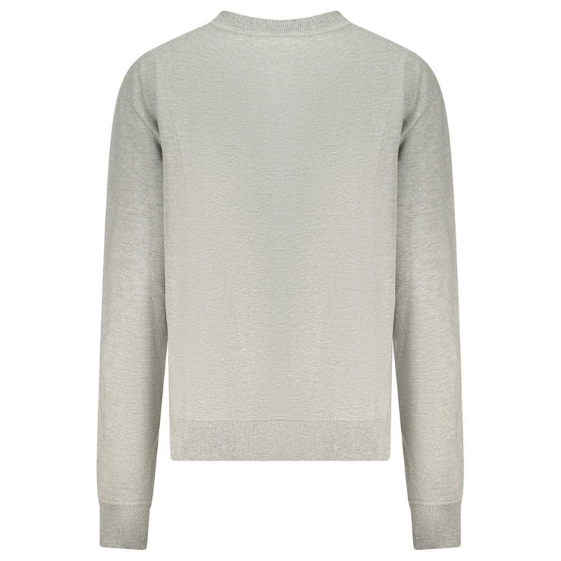 Back view of a plain grey cotton women's sweatshirt with long sleeves