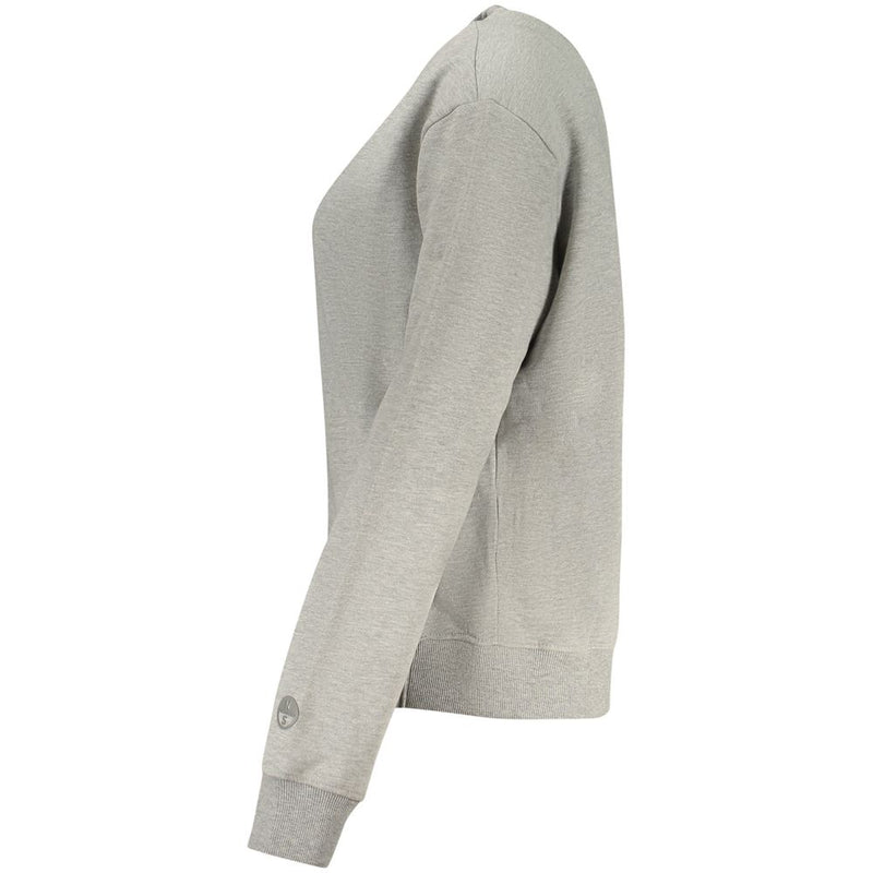 Side view of a grey cotton women's crewneck sweatshirt with ribbed cuffs and hem