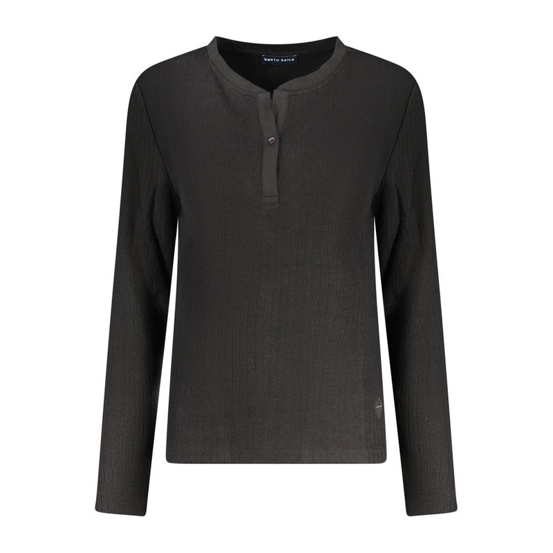 Black polyester women's long-sleeve sweater with a buttoned henley neckline and textured ribbed fabric