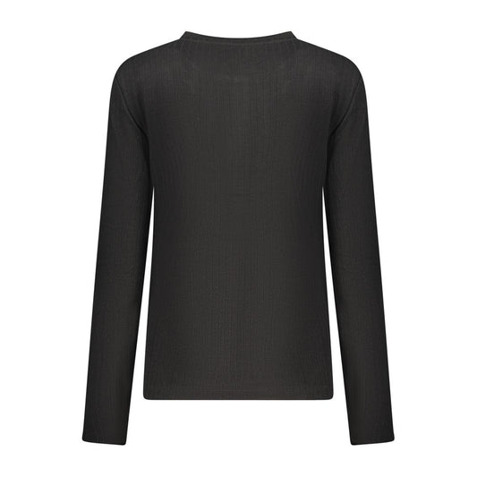 Back of a black ribbed polyester women's long-sleeve sweater