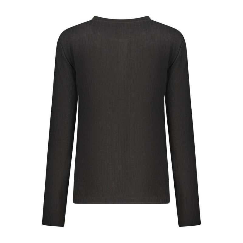 Back of a black ribbed polyester women's long-sleeve sweater