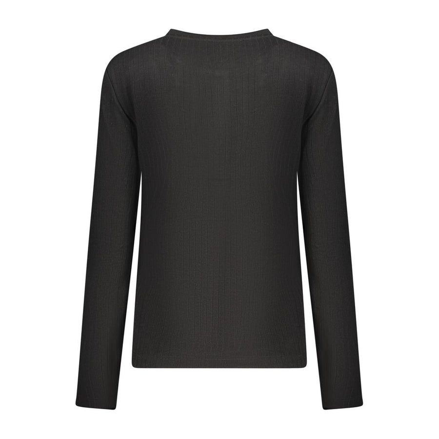 Black polyester women's long-sleeve sweater with a buttoned henley neckline and textured ribbed fabric