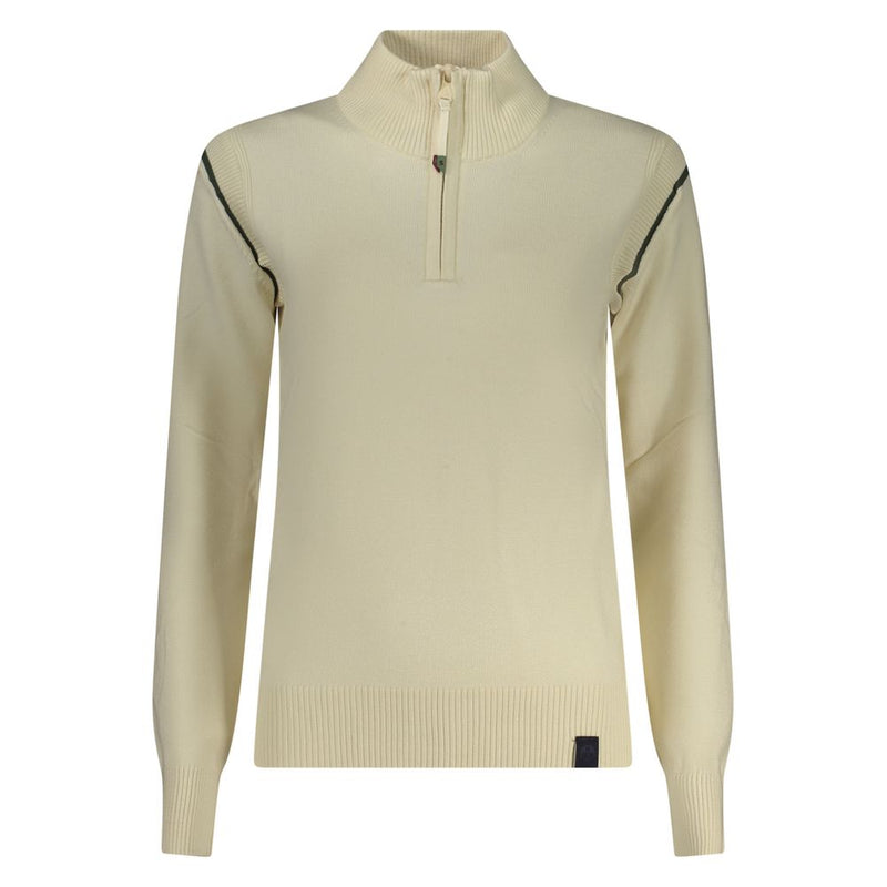 Off-white viscose knit sweater with long sleeves, ribbed mock neck, and short front zipper