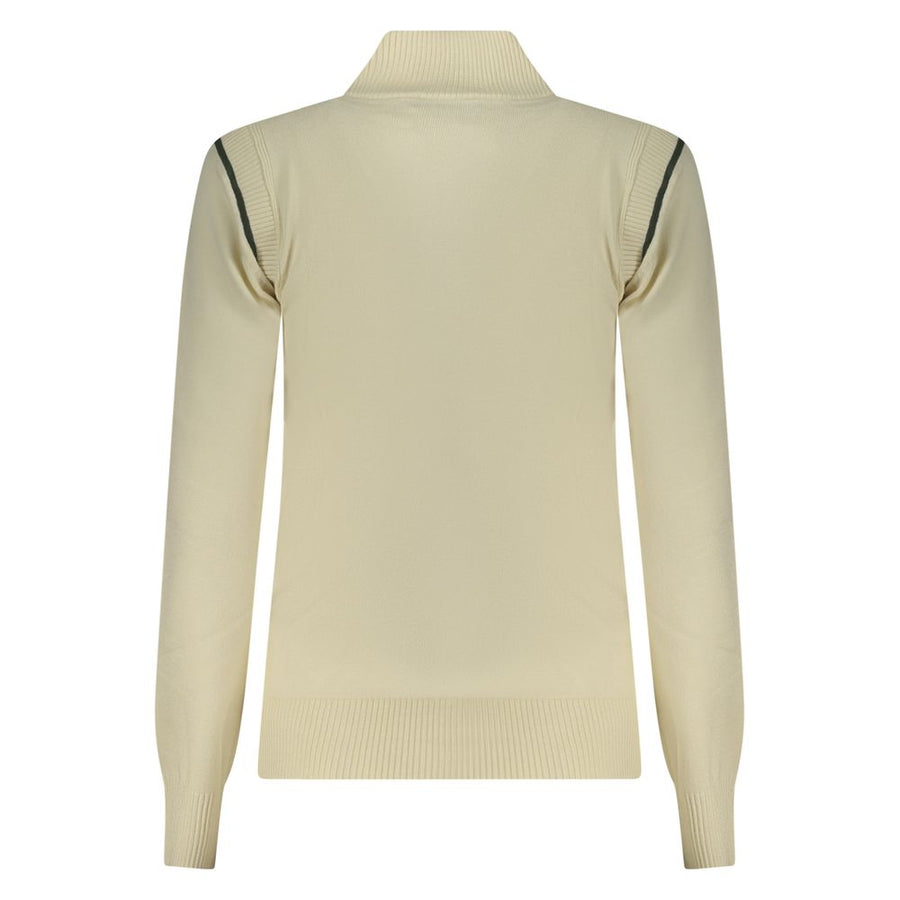Off-white viscose knit sweater with long sleeves, ribbed mock neck, and short front zipper