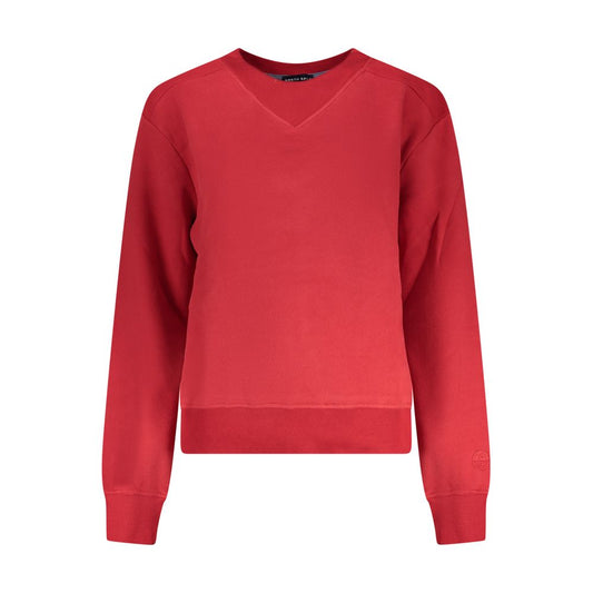 Red cotton women sweatshirt with a V-insert neckline and ribbed cuffs