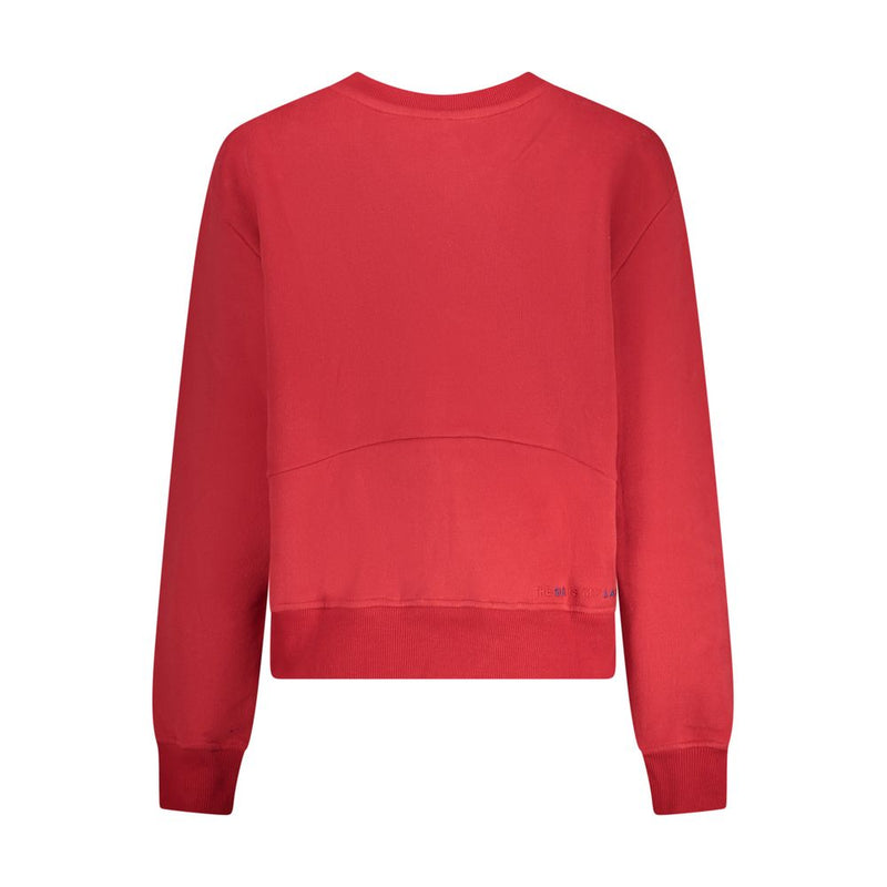 Red cotton women's crewneck sweatshirt seen from the back