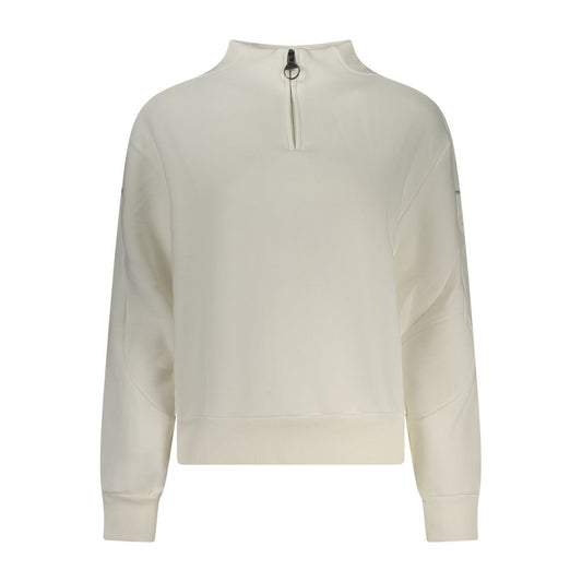 White cotton women's half-zip sweatshirt with a mock neck and ribbed cuffs