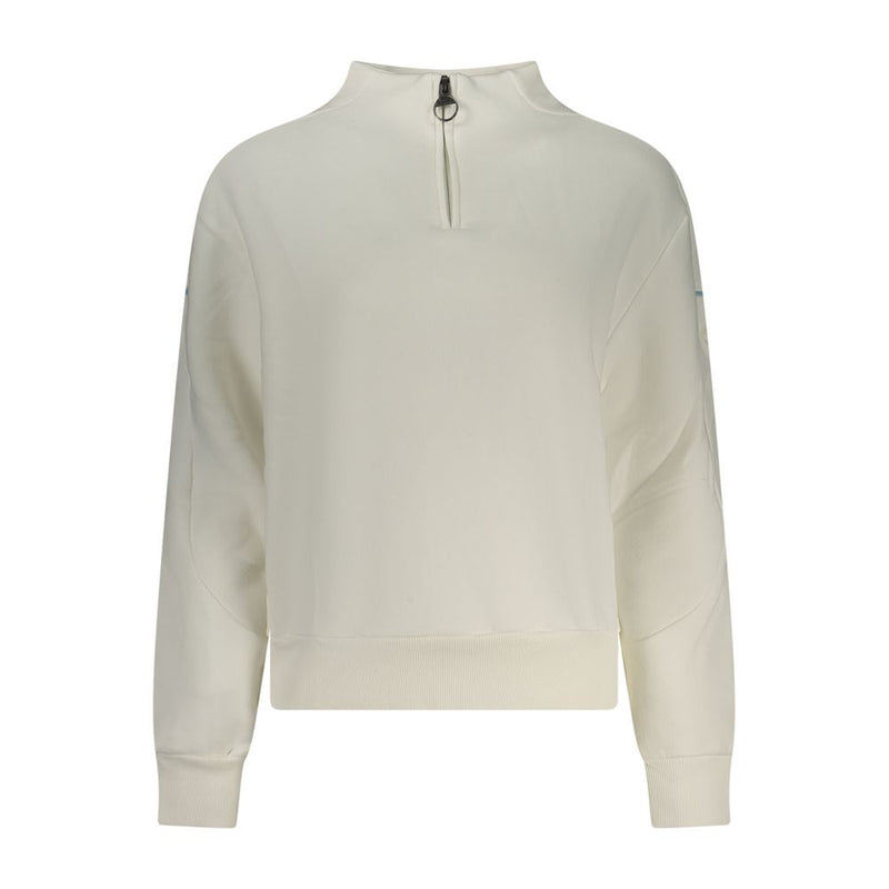 White cotton women's half-zip sweatshirt with a mock neck and ribbed cuffs