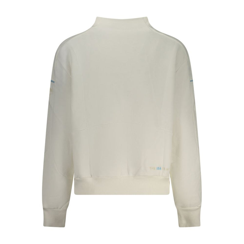 Off-white cotton women's sweatshirt with long sleeves and a mock neck, shown from the back