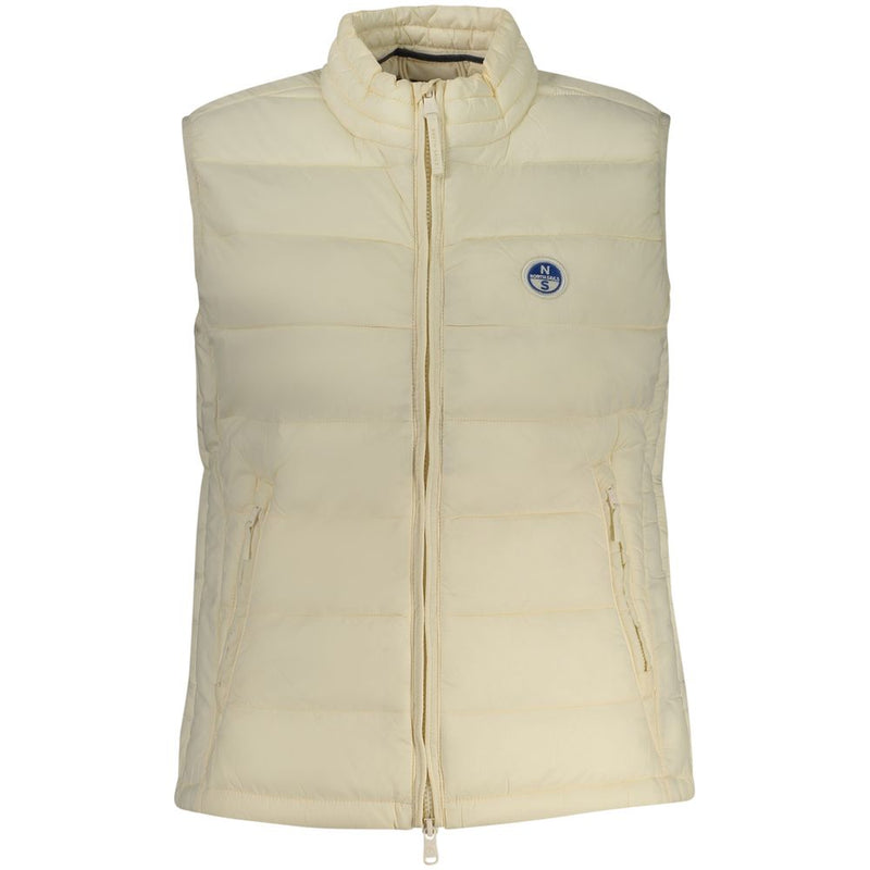 Off-white quilted polyester zip-up puffer vest for women with a high collar and logo patch
