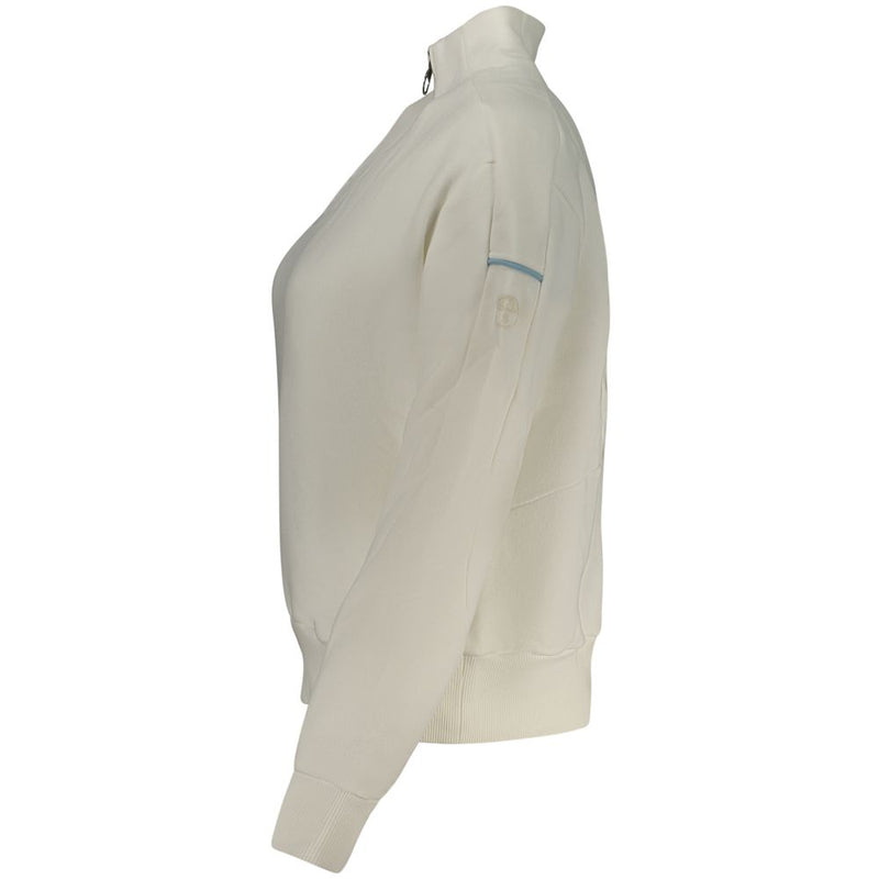 White cotton women sweatshirt with high collar and long sleeves viewed from the side