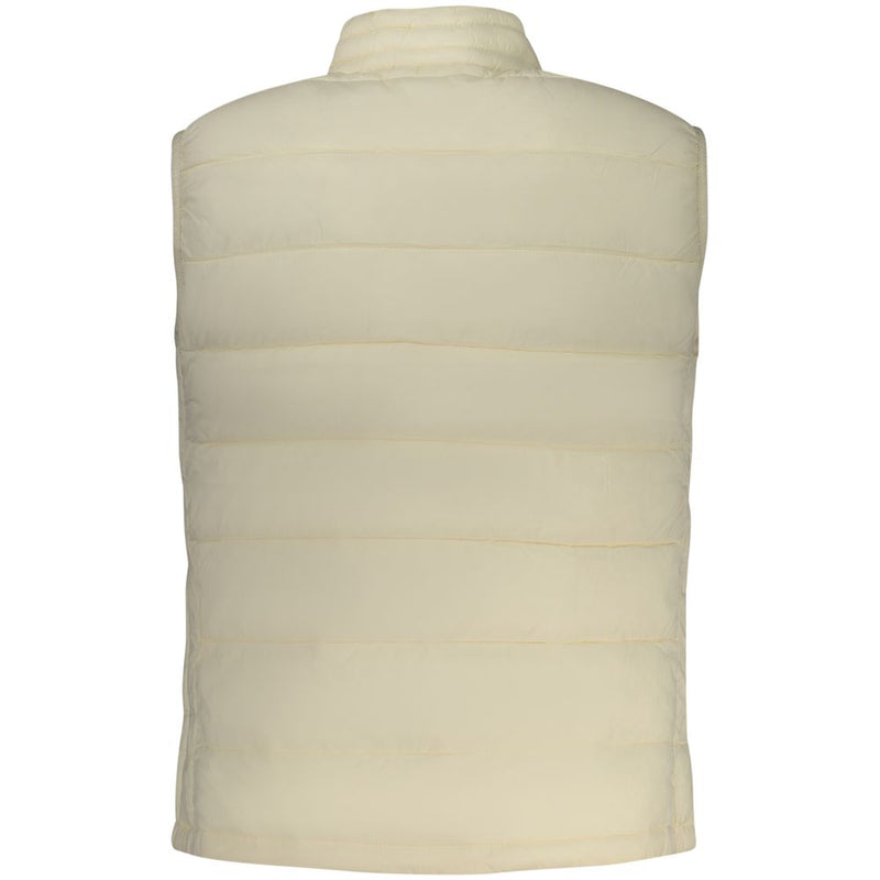 Back view of a white quilted polyester puffer vest for women with a stand-up collar
