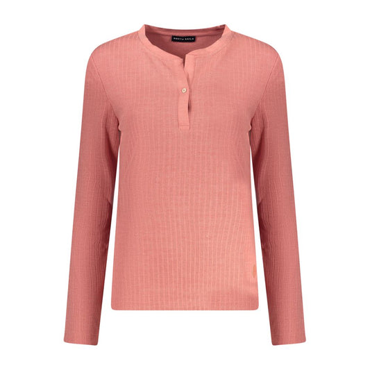 Dusty pink polyester women's long-sleeve sweater with ribbed texture and partial button placket