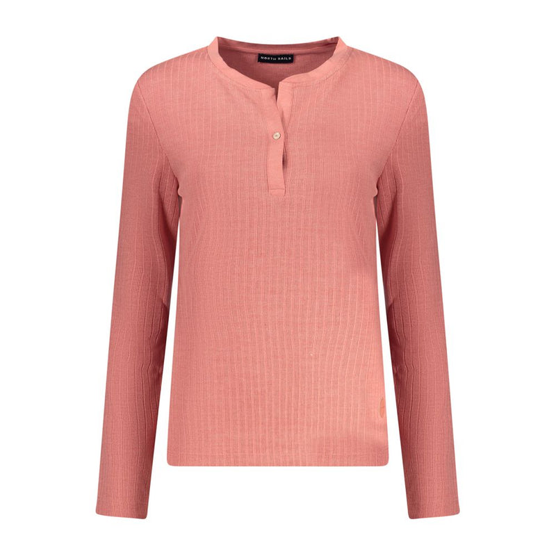 Dusty pink polyester women's long-sleeve sweater with ribbed texture and partial button placket