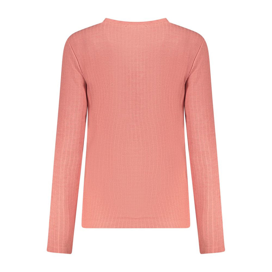 Dusty pink polyester women's long-sleeve sweater with ribbed texture and partial button placket