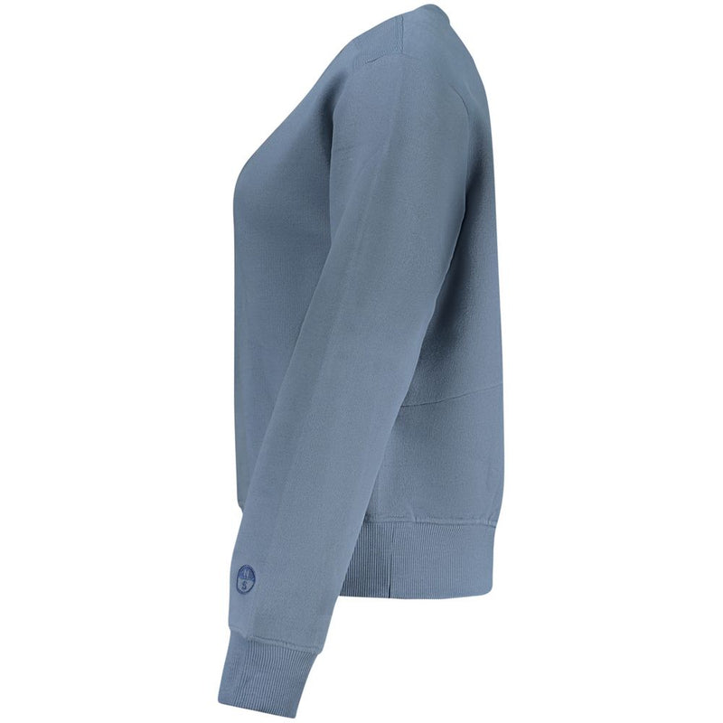 Blue cotton women sweater shown from the side with a round neckline