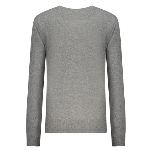 Grey polyamide knit women sweater with long sleeves viewed from the back