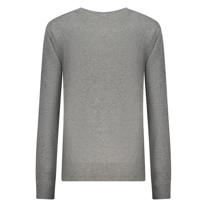 Grey polyamide knit women sweater with long sleeves viewed from the back