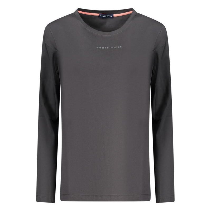 Black cotton long-sleeve women's t-shirt with crew neck and small chest logo