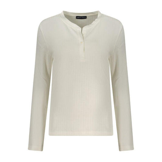 Off-white polyester women's long-sleeve sweater with a buttoned placket and ribbed texture