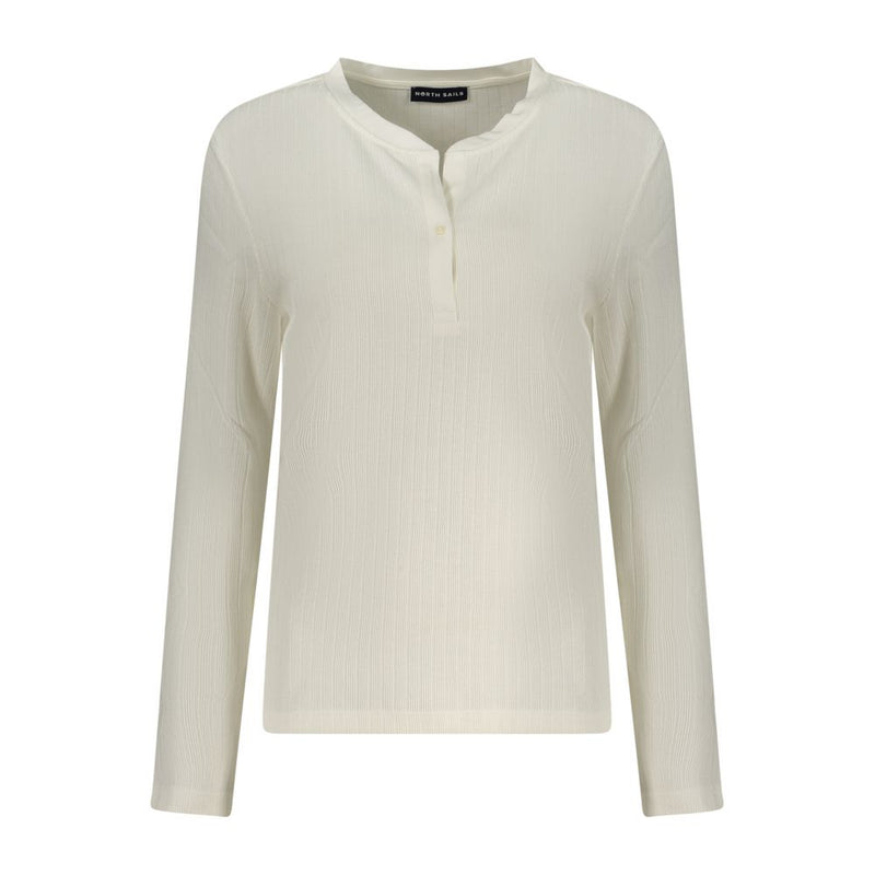 Off-white polyester women's long-sleeve sweater with a buttoned placket and ribbed texture
