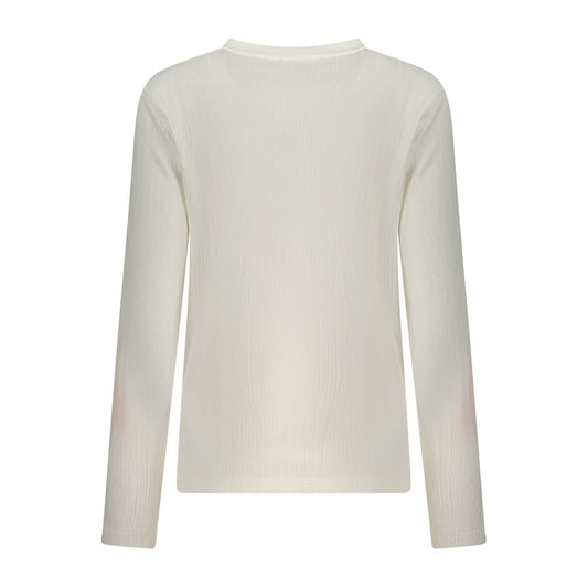 White long-sleeve polyester women sweater with a ribbed knit texture shown from the back