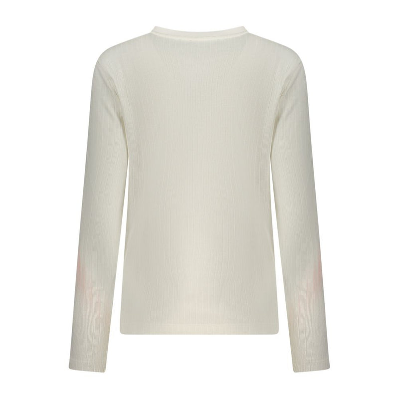 White long-sleeve polyester women sweater with a ribbed knit texture shown from the back