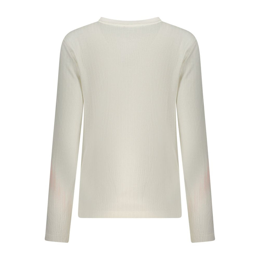 Off-white polyester women's long-sleeve sweater with a buttoned placket and ribbed texture