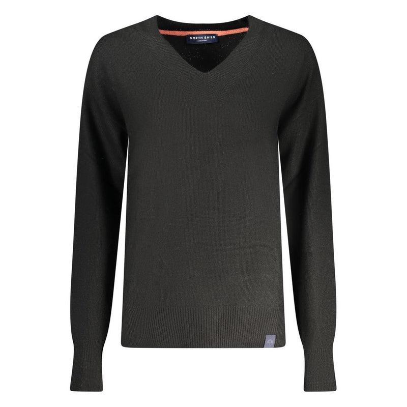 Black polyamide knit women's V-neck sweater with long sleeves