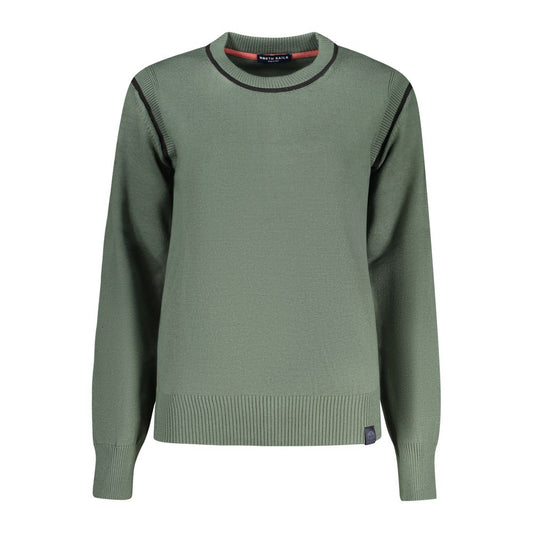 Sage green knit viscose women's crewneck sweater with black trim