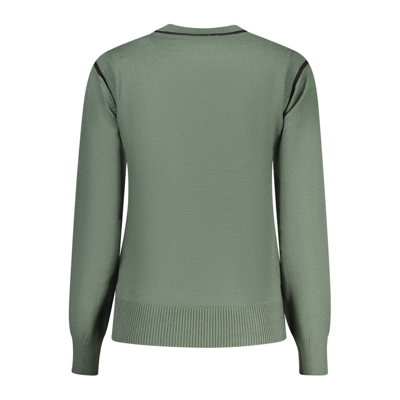 Sage green knit viscose women's sweater with long sleeves and black trim on the shoulders and collar